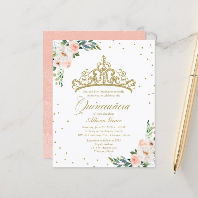 Papier Budget Quinceanera Invitation Gold Tiara (Devant/Arrière en situation)
