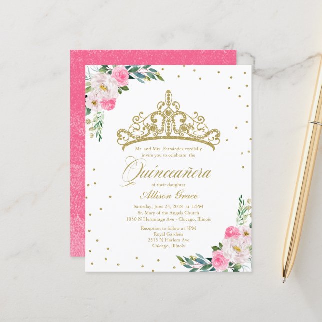 Papier Budget Quinceanera Invitation Gold Tiara (Devant/Arrière en situation)