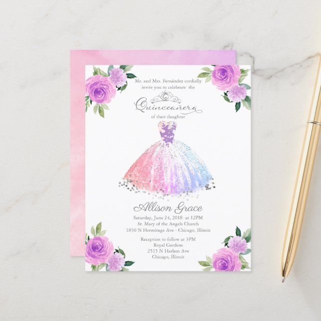 Papier Budget Quinceanera Invitation Pastel Colours Gown (Devant/Arrière en situation)