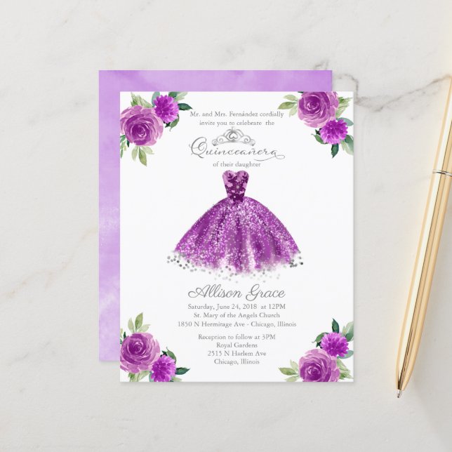 Papier Budget Quinceanera Invitation Purple Gown (Devant/Arrière en situation)
