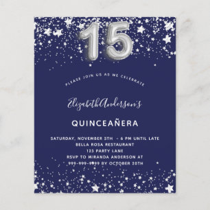 Papier Budget Quinceanera marine bleu argent invitation