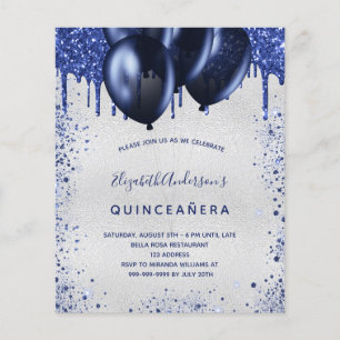 Papier Budget Quinceanera marine bleu argent invitation