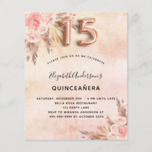 Papier Budget Quinceanera pampas herbe rose invitation