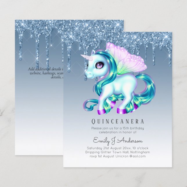 Papier BUDGET Quinceanera Parties scintillant Unicorn Ani (Devant / Derrière)