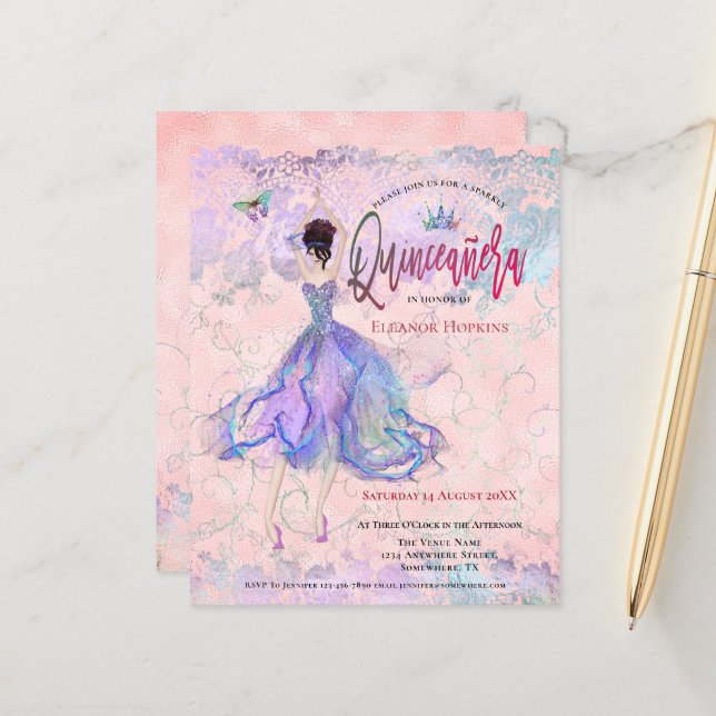 Papier Budget Quinceanera Pink Dancing Girl Invitation (Devant/Arrière en situation)