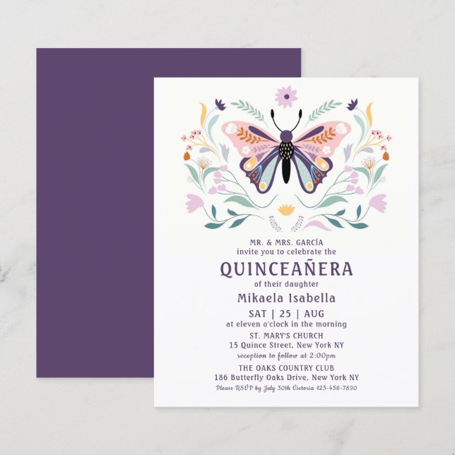 Papier Budget Quinceañera Pink Purple Butpe Floral (Devant / Derrière)