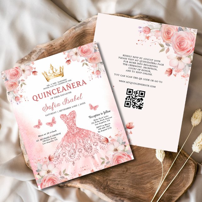 Papier Budget Quinceañera QR Code Blush rose Floral (Créateur téléchargé)