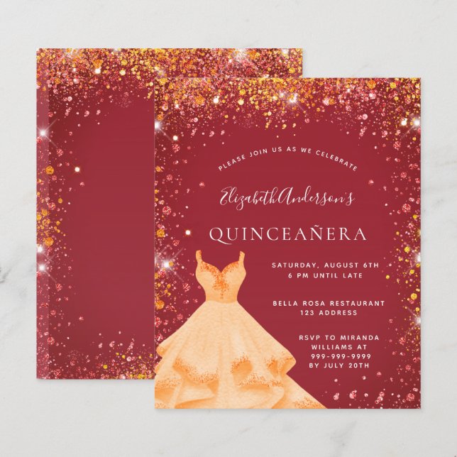 Papier Budget Quinceanera robe rouge or robe poussière de (Devant / Derrière)