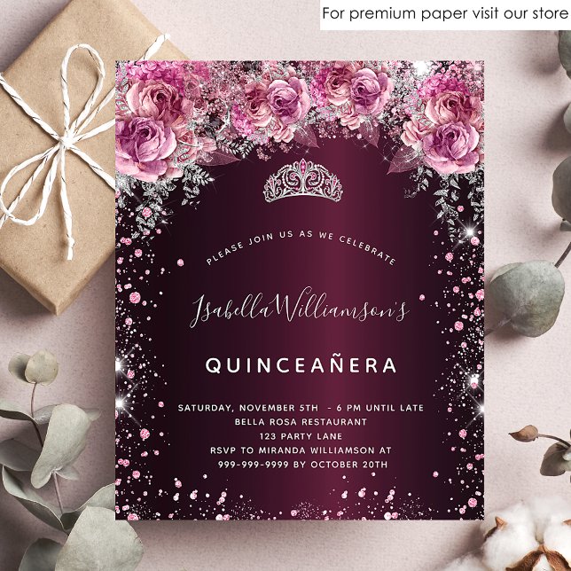 Papier Budget Quinceanera rose bordeaux invitation floral (Créateur téléchargé)