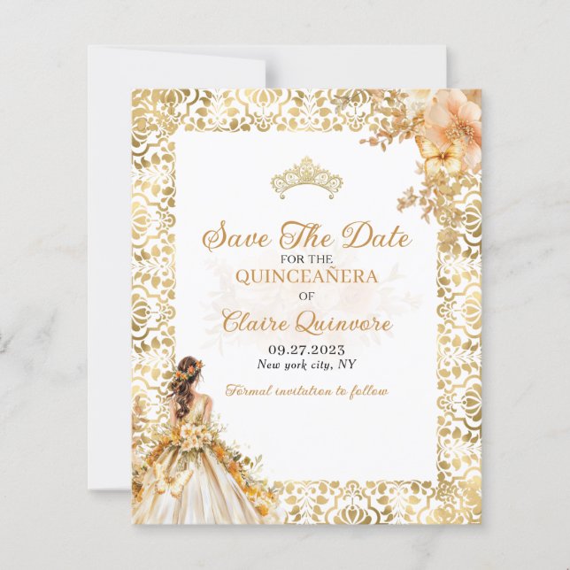 Papier BUDGET Radiant Or Quinceanera Enregistrer La Date (Devant)