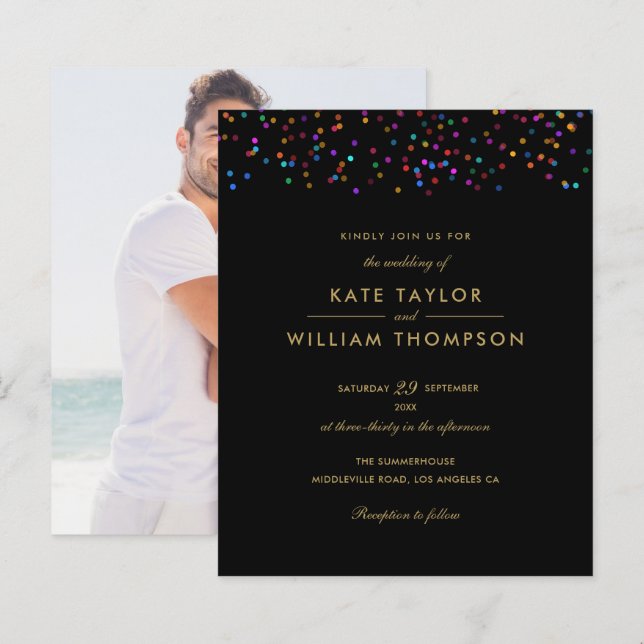 Papier Budget Rainbow Confetti Black Photo Wedding Invita (Devant / Derrière)