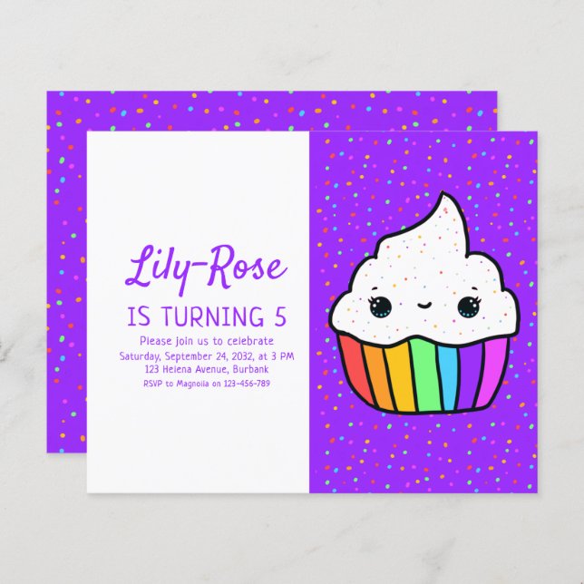 Papier Budget Rainbow Cupcake Anniversaire Fête Invitatio (Devant / Derrière)