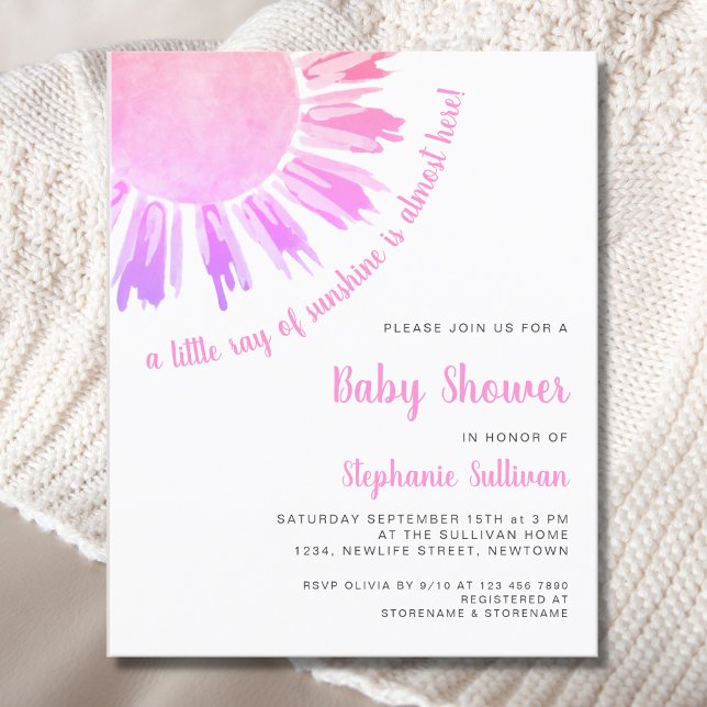 Papier Budget Ray of Sunshine Pink Baby shower Invitation (Créateur téléchargé)