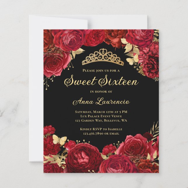 Papier Budget Red Black Floral Sweet 16 Party Invitation (Devant)
