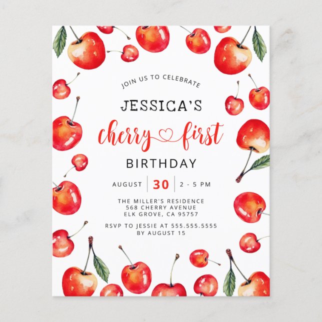 Papier Budget Red Cherry Invitation pour le premier anniv (Devant)