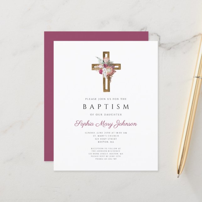 Papier Budget Red Floral Boho Cross Baptism Invitation (Devant/Arrière en situation)