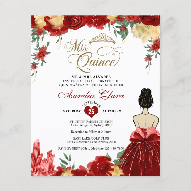 Papier BUDGET Red Floral Princess Mis Quince Quinceañera (Devant)