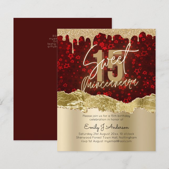 Papier BUDGET Red Gold Foil Parties scintillant Quinceane (Devant / Derrière)