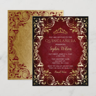 Papier Budget Red Gold Tiara Quinceañera Invitation