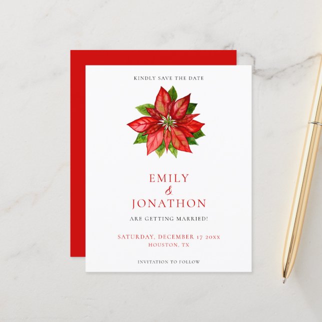 Papier Budget Red Poinsettia Mariage Enregistrer La Date (Devant/Arrière en situation)