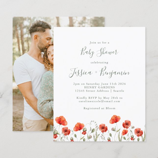 Papier Budget Red Poppy Floral Baby shower Photo Invitati (Devant / Derrière)