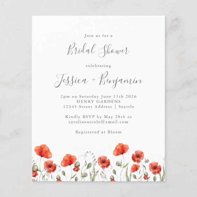 Papier Budget Red Poppy Garden Fête des mariées florale (Devant)