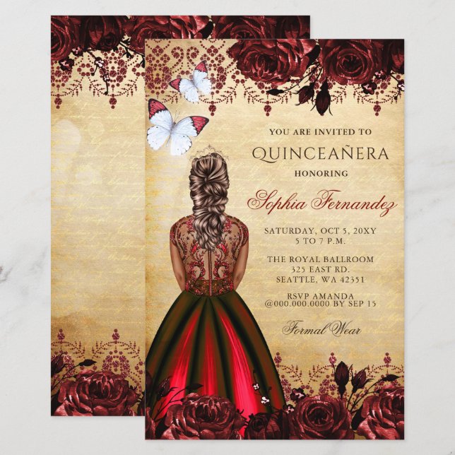 Papier Budget Red Princess Quinceañera Invitation (Devant / Derrière)