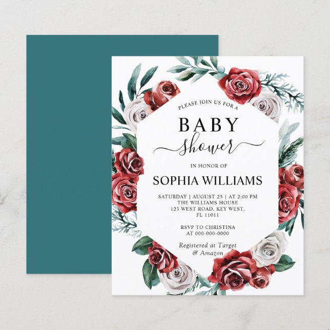 Papier Budget Red Rose & Green Baby shower Invitation (Devant / Derrière)