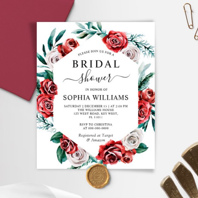 Papier Budget Red Rose & Green Bridal Shower Invitation (Créateur téléchargé)