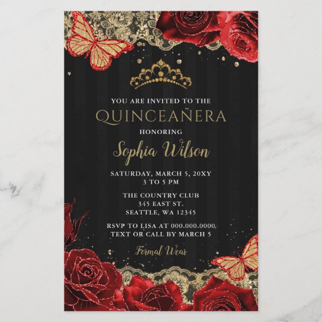 Papier Budget Red Roses Black Gold Quinceañera Invitation (Devant)
