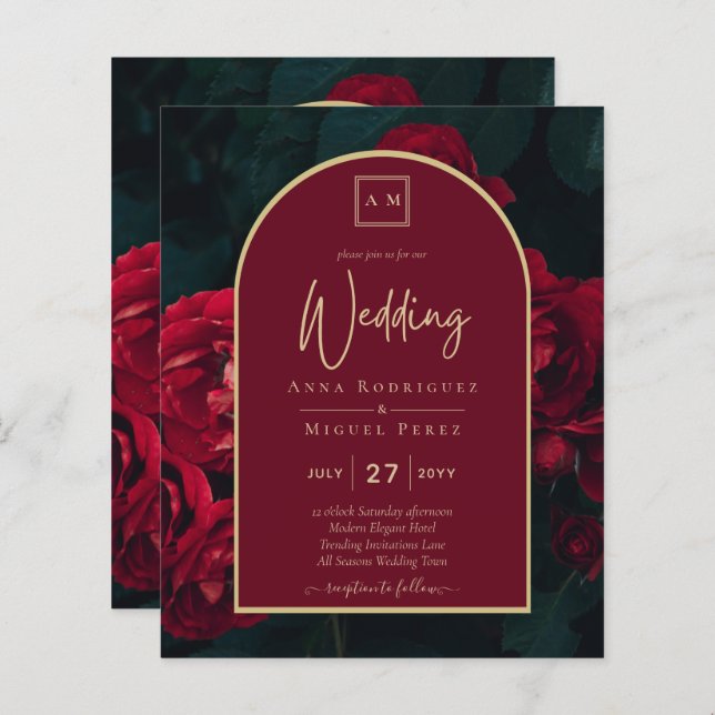 Papier BUDGET Red Roses ForêtVert Mariage d'hiver INVITAT (Devant / Derrière)