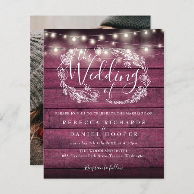 Papier Budget Red Rustic Lumières Photo Wedding Invitatio (Devant / Derrière)