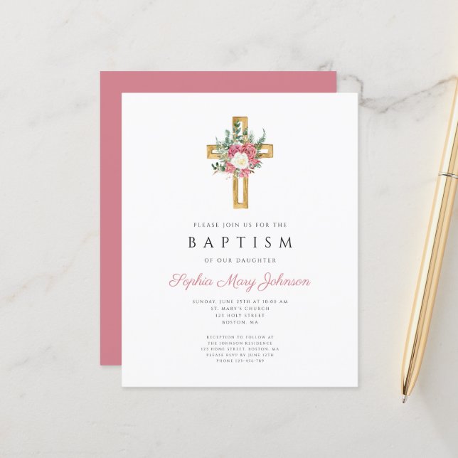 Papier Budget Religieux Croix rose Floral Girl Baptism (Devant/Arrière en situation)