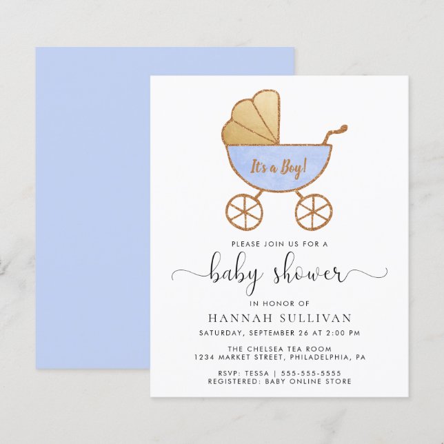 Papier Budget Retro Blue Carriage bébé garçon Invitation  (Devant / Derrière)