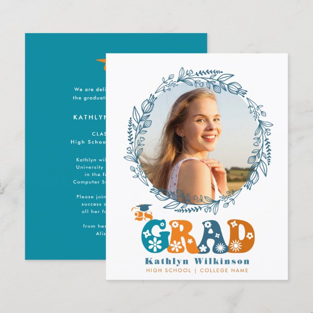 Papier BUDGET Rétro Floral Wreath Photo GRAD Faire-part (Devant / Derrière)