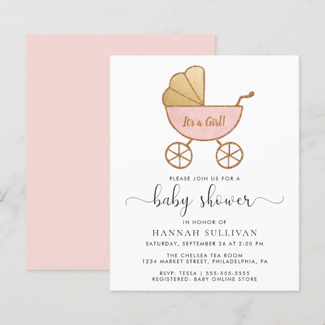 Papier Budget Retro Pink Carriage bébé fille Invitation d (Devant / Derrière)
