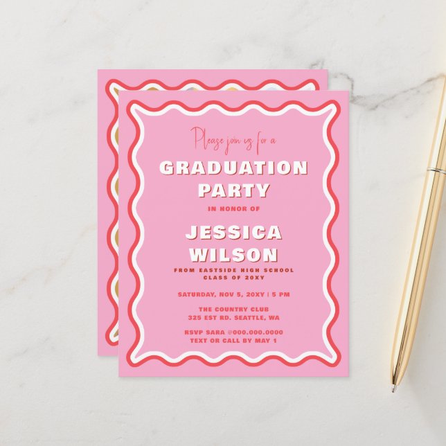 Papier Budget Retro rose rouge photo Invitation de gradua (Devant/Arrière en situation)