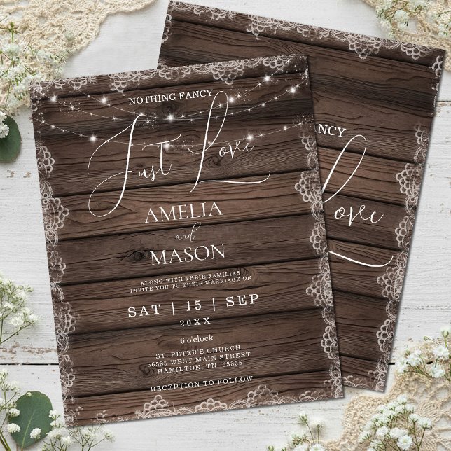 Papier Budget Rien De fantaisie Juste Aimer Mariage rusti (Budget Nothing Fancy Just Love Rustic Wood and Lace with String Lights Wedding Invitation)