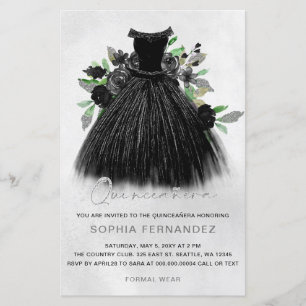 Papier Budget Robe Argent Noir Quinceañera Invitation