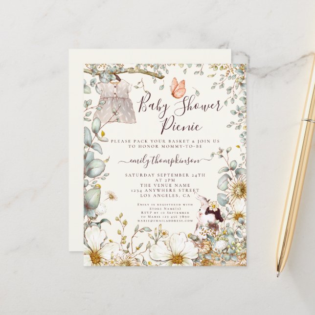 Papier Budget Robe fille Baby shower Pique-nique Invitati (Devant/Arrière en situation)