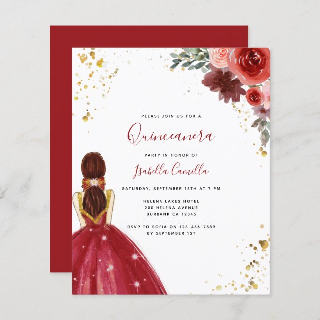 Papier BUDGET Robe Rouge Quinceanera Party Invitation (Devant / Derrière)