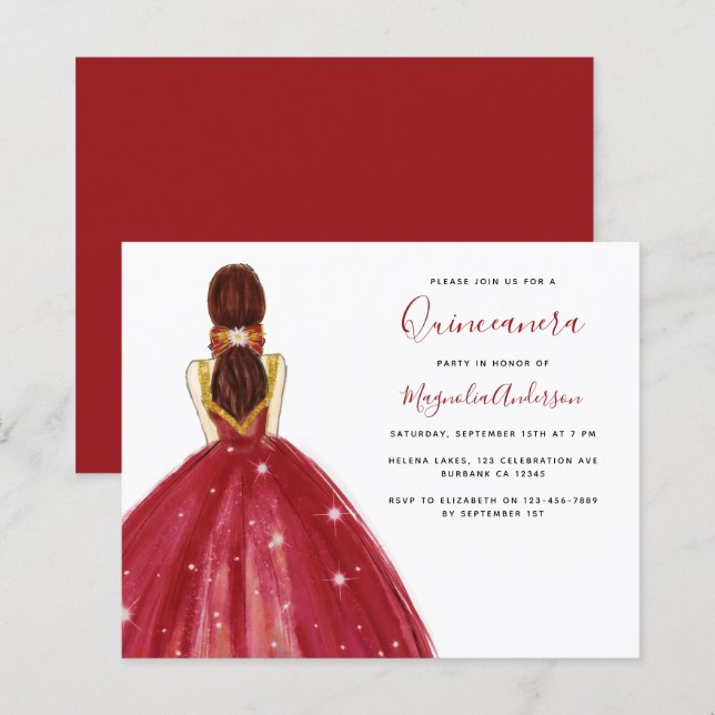 Papier BUDGET Robe Rouge Quinceanera Party Invitation (Devant / Derrière)