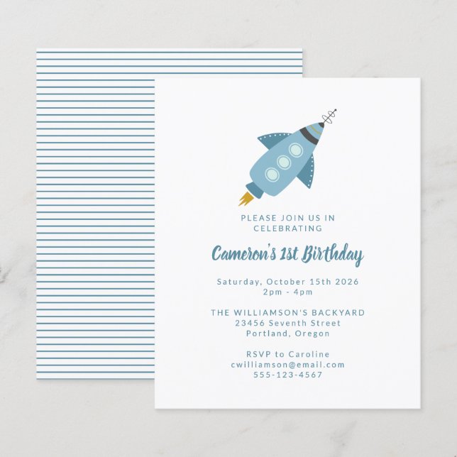 Papier Budget Rocket Ship Blue 1er Anniversaire Invitatio (Devant / Derrière)
