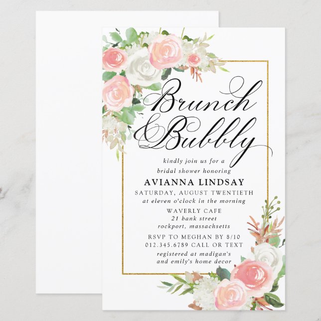 Papier Budget Rose Blanc Floral Brunch Bubbly Invitation (Devant / Derrière)