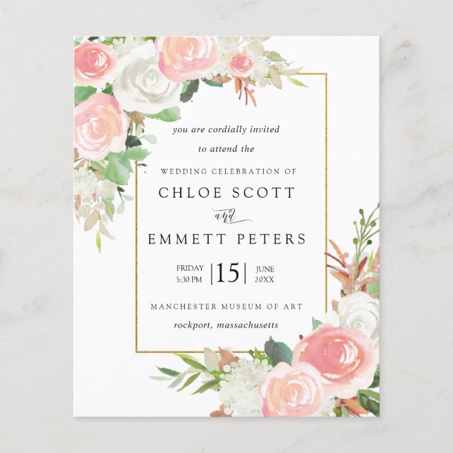 Papier Budget rose blanc Floral Russe Faire-part de maria (Devant)