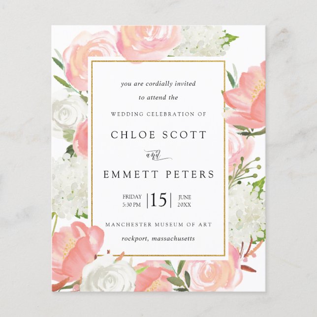 Papier Budget rose blanc Floral Russe Faire-part de maria (Devant)