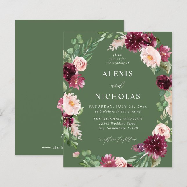 Papier Budget Rose & Bourgogne Floral 7 Mariage - Vert (Devant / Derrière)