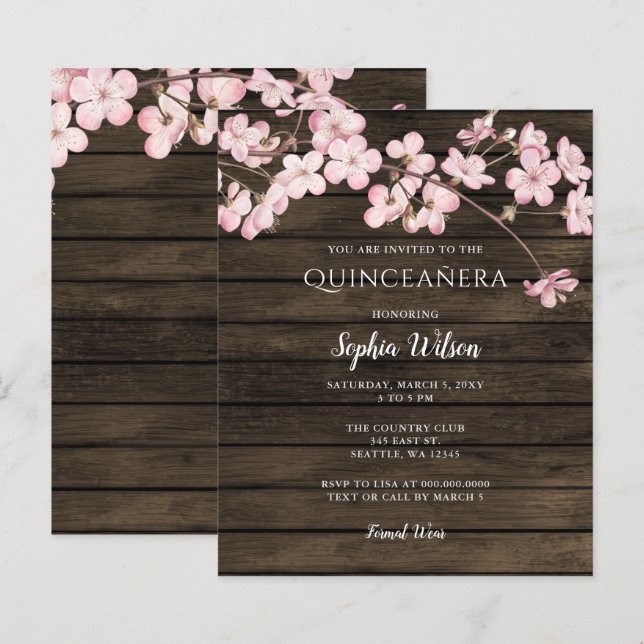 Papier Budget Rose cerise fleurs Quinceañera Invitation (Devant / Derrière)