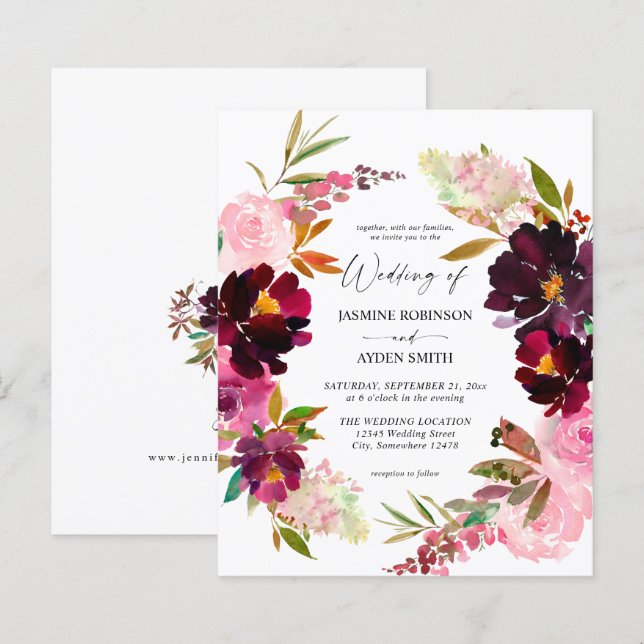 Papier Budget Rose - Chaud Blush & Purple Floral Mariage (Devant / Derrière)