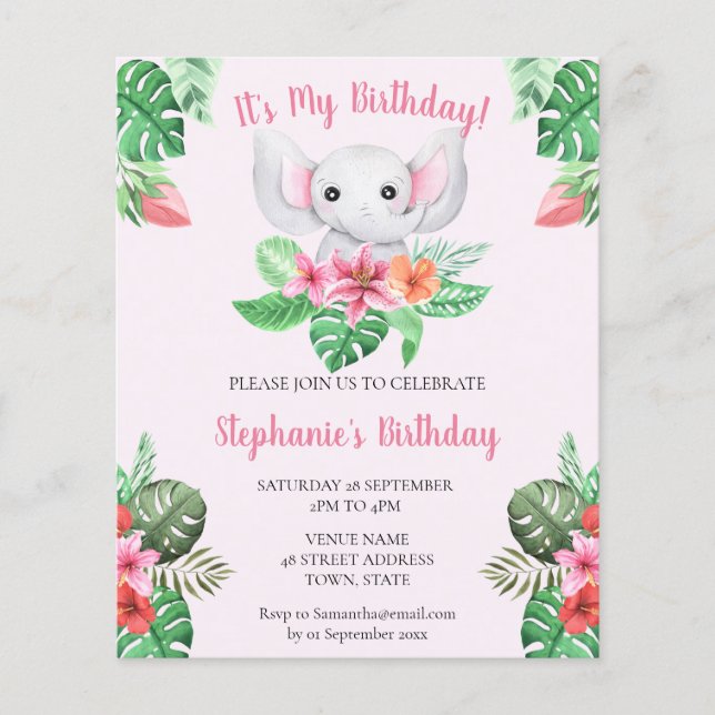 Papier Budget rose Elephant Girl Baby Invitation d'annive (Devant)